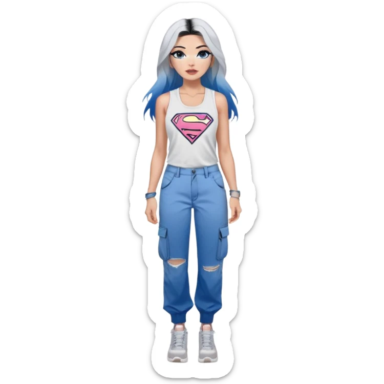 Tall-full body-long legs-huge female chest-very excited-very-beautiful-face-white torn cargo pants-light-pink-lips-very long-very-straight-dark-blue-ombre-hair-and-blue-eyes-thick-black-eyeliner-thick-long-eyelashes-sky blue-superman-low cut tank top-silver-hoop-earrings sticker