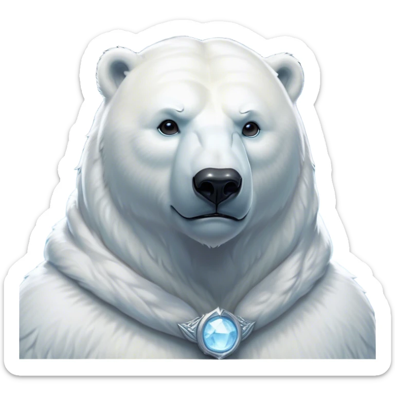 Cinematic Noble Polar Bear Portrait Emoji, Poised and regal, with a strong, muscular build cloaked in thick, snowy fur and piercing, determined eyes, Simplified yet sharp and sophisticated features, highly detailed, glowing with a soft, dignified polar glow, high shine, intelligent and majestic, stylized with an air of arctic authority, focused and commanding, soft glowing outline, capturing the essence of a watchful and confident guardian that feels as though it could step out of the screen with effortless authority! sticker