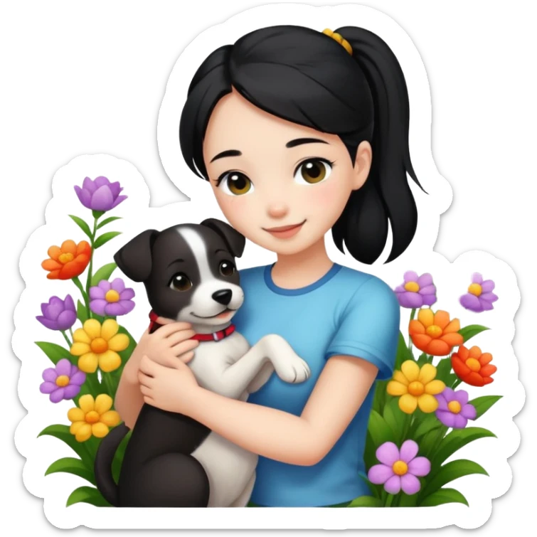 A beautiful girl with black ponytail and wearing short sleeves happily hugs a dog in the flowers sticker