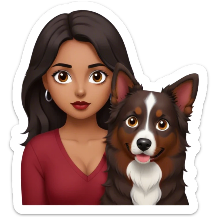One latina girl with long beautiful dark hair and dark eyes in a dark red v neck and makeup with her black tri colored  Australian shepherd large sticker