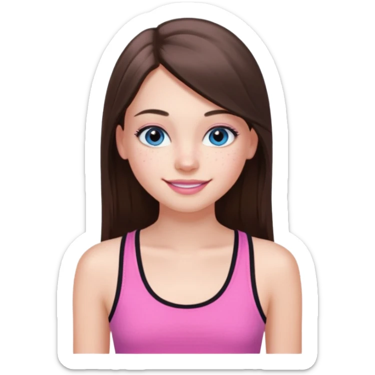 Create a teenage girl with long and straight brunette hair, light skin, light freckles, and blue-grey eyes. She will have pink lips and long black eyelashes. She will be wearing a pink tank top. sticker