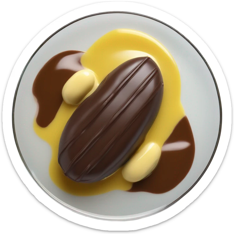 Chocolate and vanilla quenelle on glass plate with 3 drops of yellow sauce sticker