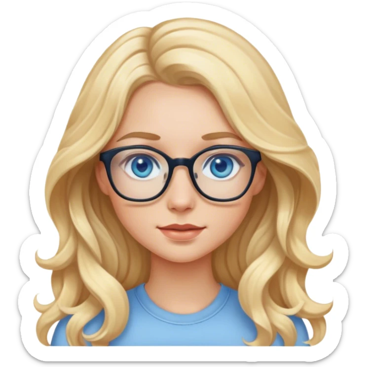 A pretty blonde girl with long and wavy at the bottom with blue eyes and glasses sticker