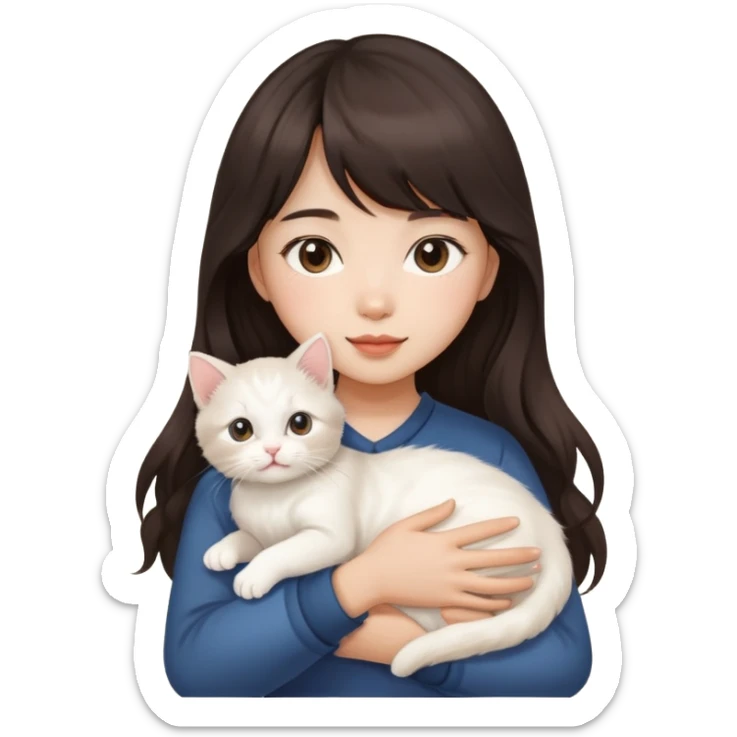 Asain girl with long wavy dark brown hair and bangs carrying a white kitten  sticker