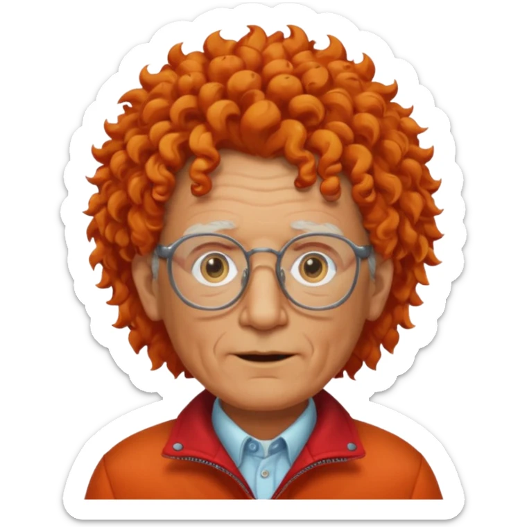 old man, orange curly hair, no mustache, wearing glasses, long face, wearing a red jacket sticker