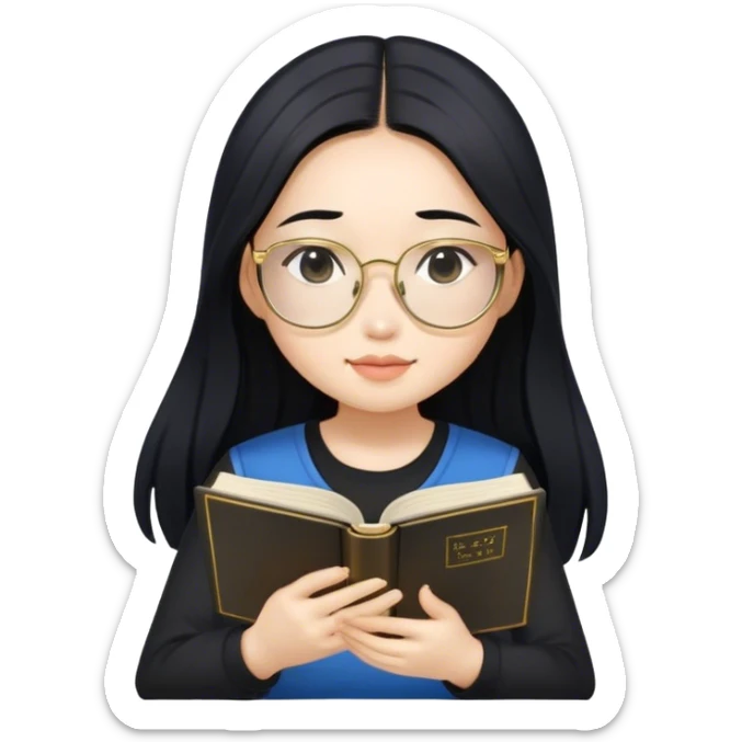 pretty asian girl sitting reading a blue book black top gold glasses black hair sticker