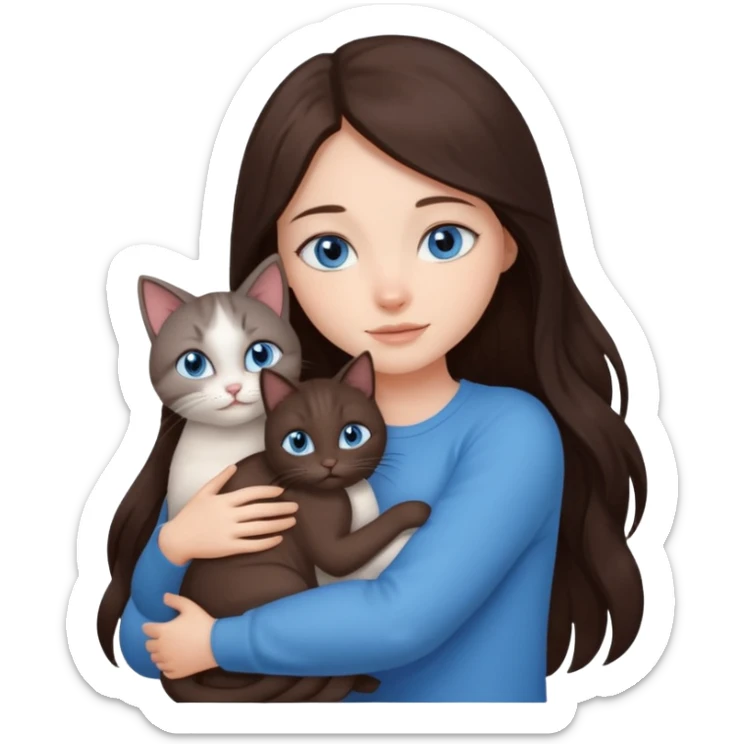 a pretty girl with long dark 
brown hair, with blue eyes, hugs 3 different natural coloured small cats sticker