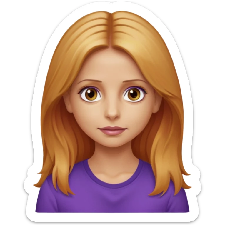 Sarah Michelle Gellar with hazel eyes, strawberry blonde long hair, purple shirt sticker