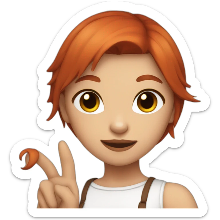 catgirl with brown and red hair, red eyes and making peace sign sticker