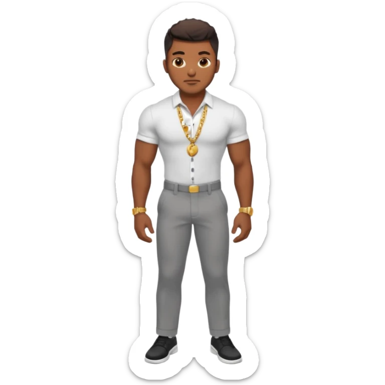 Handsome Black guy with brown skin tone, with lean muscular build, wearing gray slacks, a white button up top, black shoes, and a small gold chain sticker