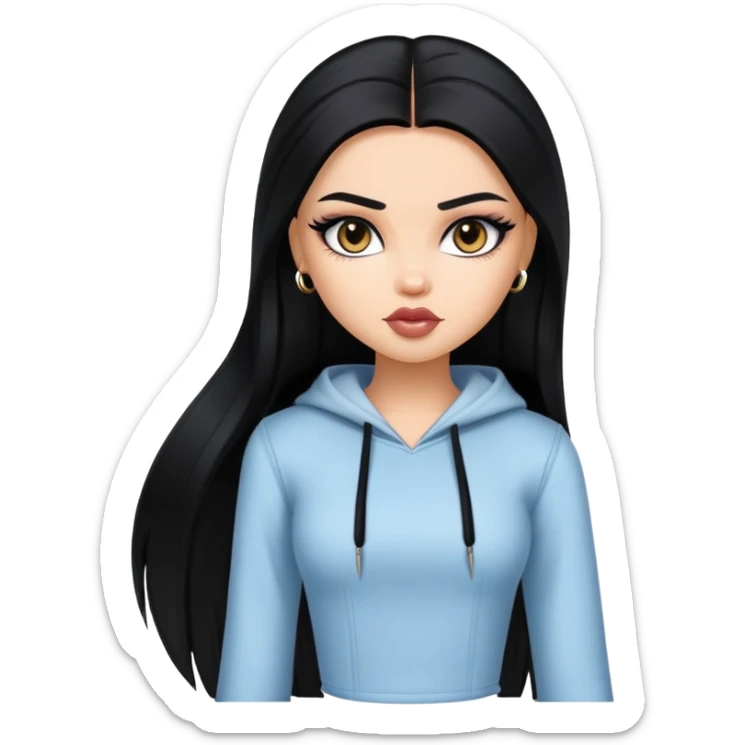 pretty bratz baddie, straight long hair, light skin, dark black hair sticker