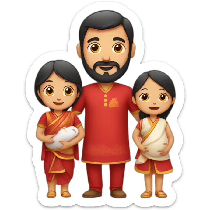 Indian dad with beard and Chinese wife in red and 1 small baby sticker