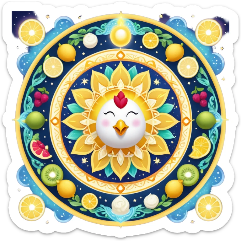 Celestial fitness mandala with magical water and lemon at center, surrounded by orbiting enchanted elements: radiant sun, glowing chicken and rice, sparkling gym weights, ethereal yogurt, twinkling fruits, and mystical sleep moon, all connected by cosmic energy flows and starry aura sticker