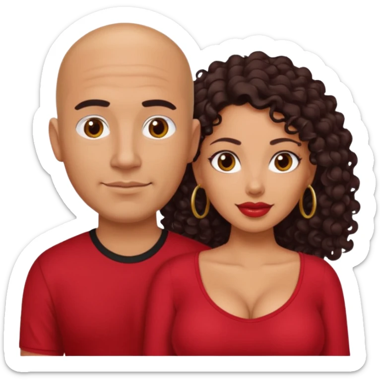 A picture of a sexy tanned couple. the guy is Mexican, with a bald hair cut and a red shirt. the girl is mixed, she has curly longer dark brown hair, and with big boobs and wearing black shirt  sticker