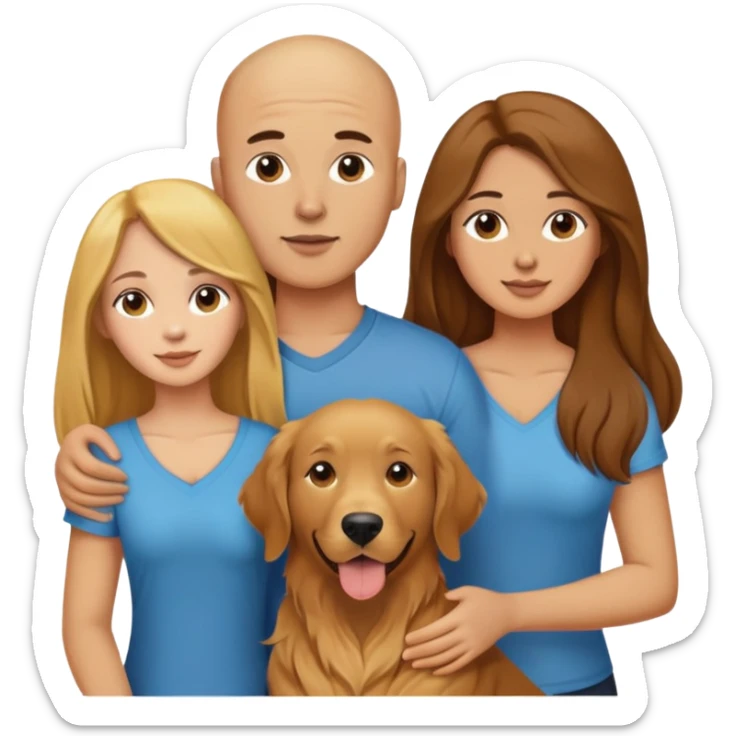 Young Bald man and long brown hair woman with golden retriever  sticker