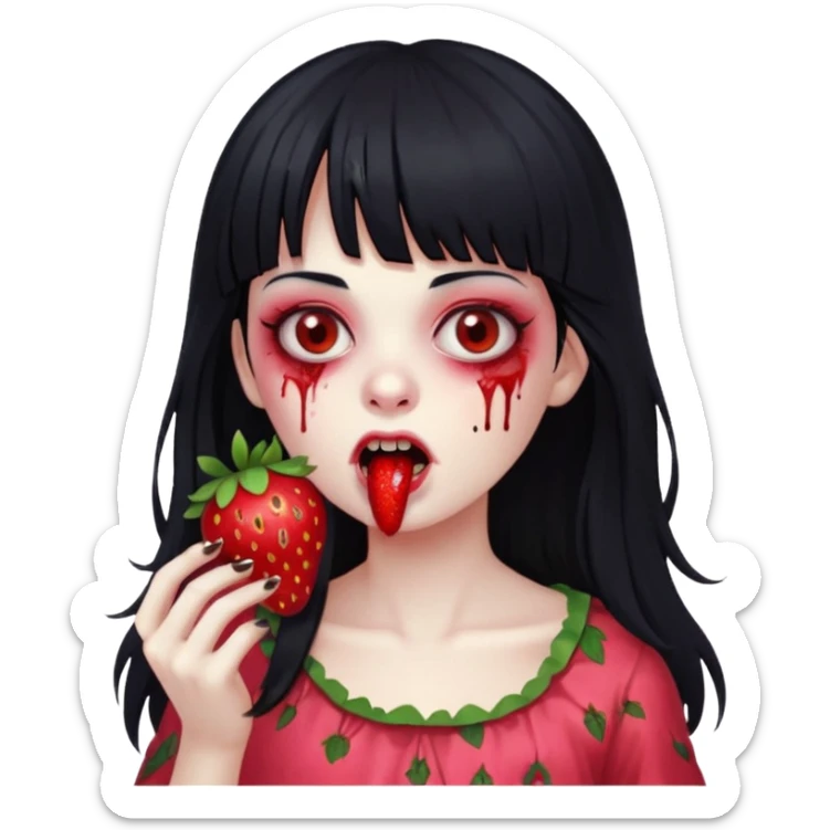 Girly girl, zombie, black hair, bang, cabelo longo e um comendo um morango sticker