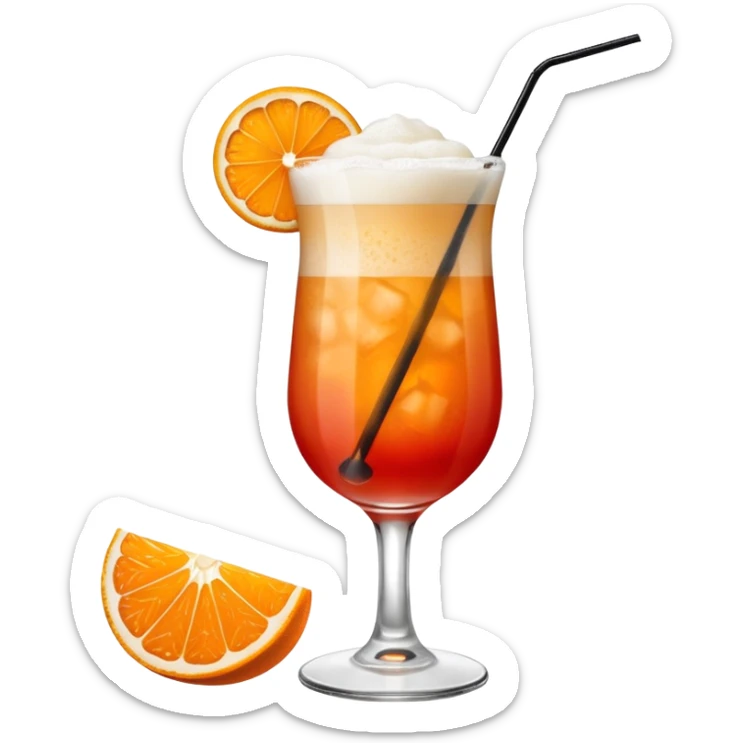 A tall glass filled with a frothy orange-red Garibaldi cocktail, topped with an orange wedge. sticker