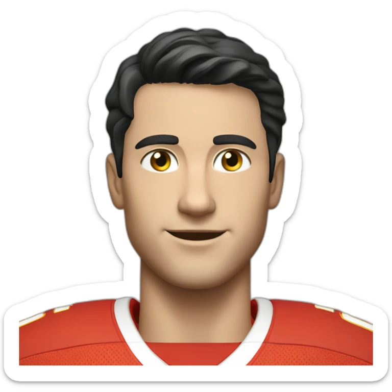 A young smiling white man with a long face in red Ferrari jersey with very short black hair and light green eyes and dig cheeks sticker