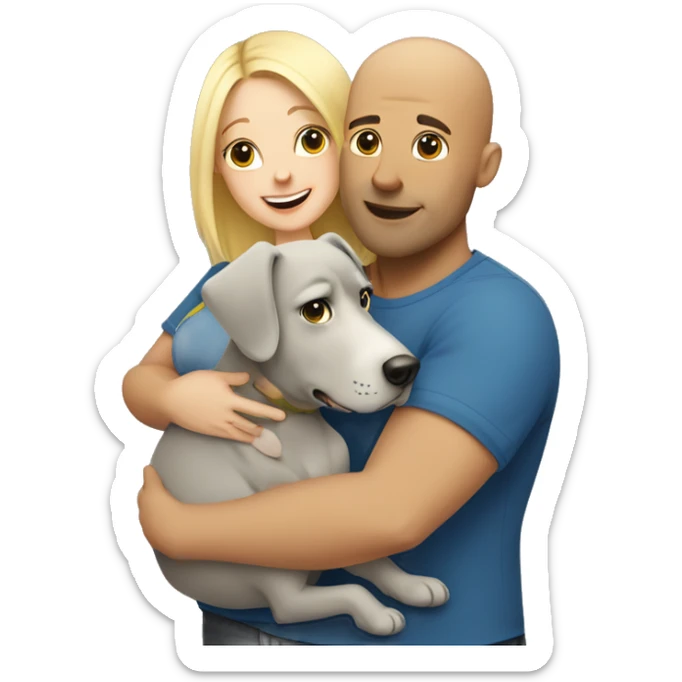 A bald, pumped-up man hugs a blonde pregnant girl and a gray dog sticker