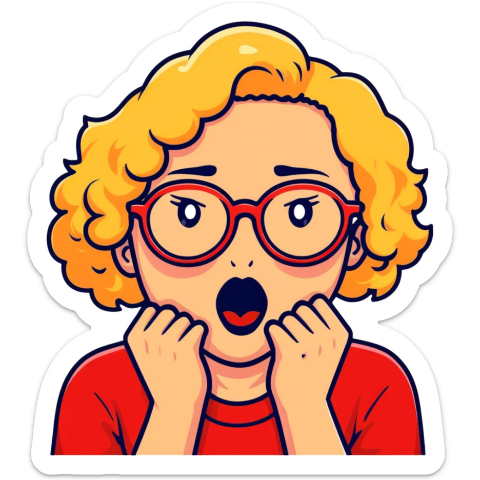Blonde woman with short curly hair, slightly overweight, wearing red-framed glasses, shouting with hands on both sides of her mouth sticker