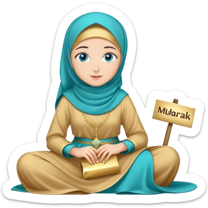 Turkish beautiful finish Konya girl blue eyes with gold hijab and islamic long tailed turquoise dress on the floor and had on her hand text Eid Mubarak  sticker