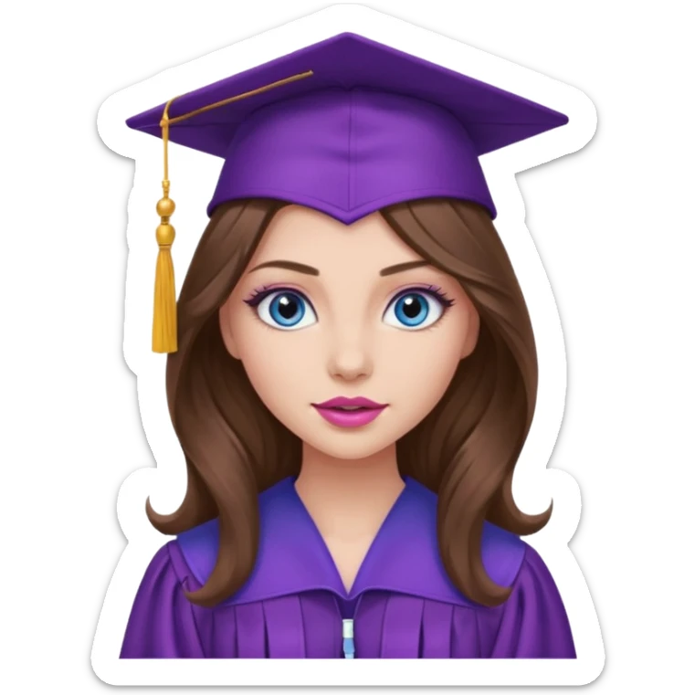 girl with long wavy brown hair, blue eyes, long lashes makeup, sexy pink lips, wearing a purple graduation cap and gown sticker