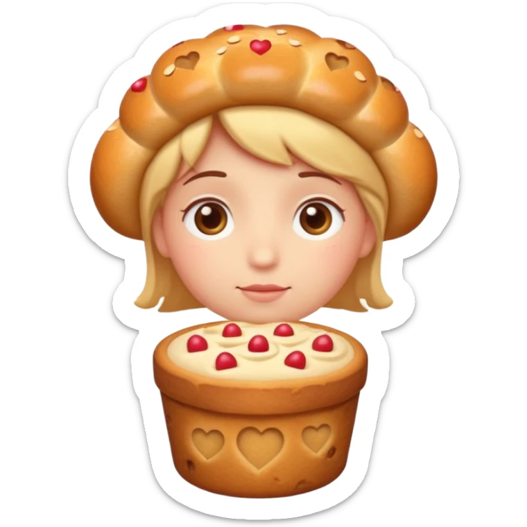 Apple-style emoji illustration of a cuteperson  with dreamy eyes thinking of a traditional panettone, small hearts floating around, soft 3D emoji style, smooth gradients, rounded shapes, warm festive colors, simple expression, centered composition, transparent background, no text. sticker