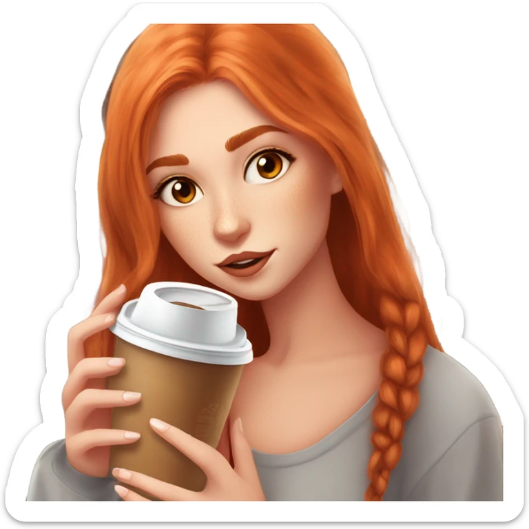 Beautiful fair skin long orange red hair girl brown eyes fair skin girly beautiful drinking ice coffee clean white beautiful sticker