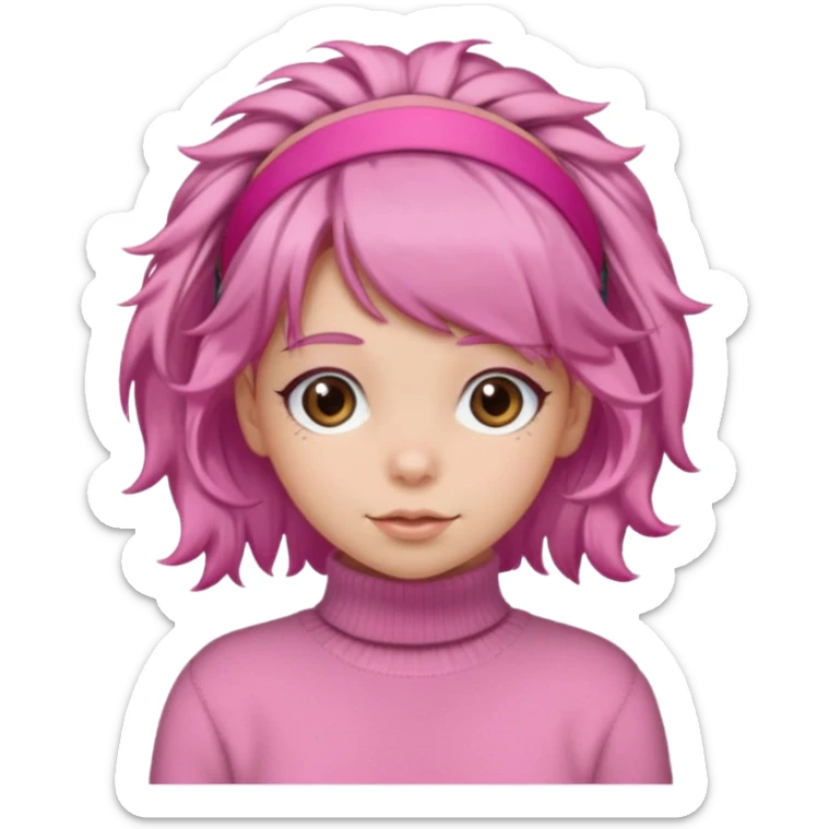 brown fluffy haired girl with pink turtleneck sweater and pink hair band sticker
