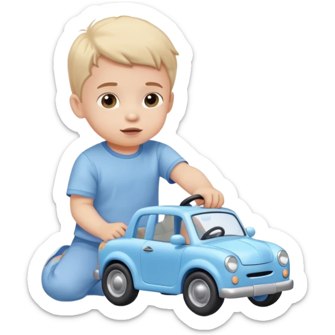 cute toddler boy with pastel blue clothes playing with a blue toy car sticker