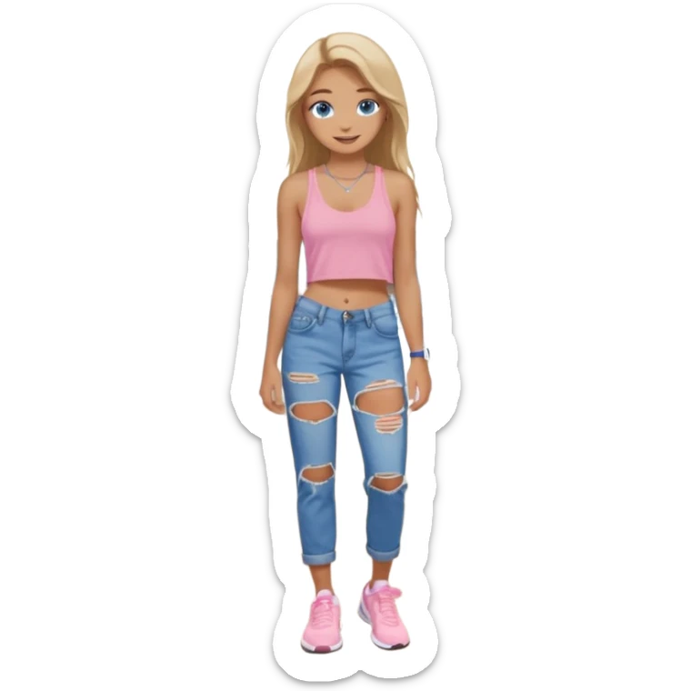 preppy teenage girl, blue eyes, tan, less blonde highlights, brown long hair, long eyelashes, beach aesthetic, wearing cute clothes, wearing ripped blue longer baggy jeans with a light pink sexy revealing low neck crop top, wearing Nike shoes, very sexy, very long eyelashes, very pretty sticker