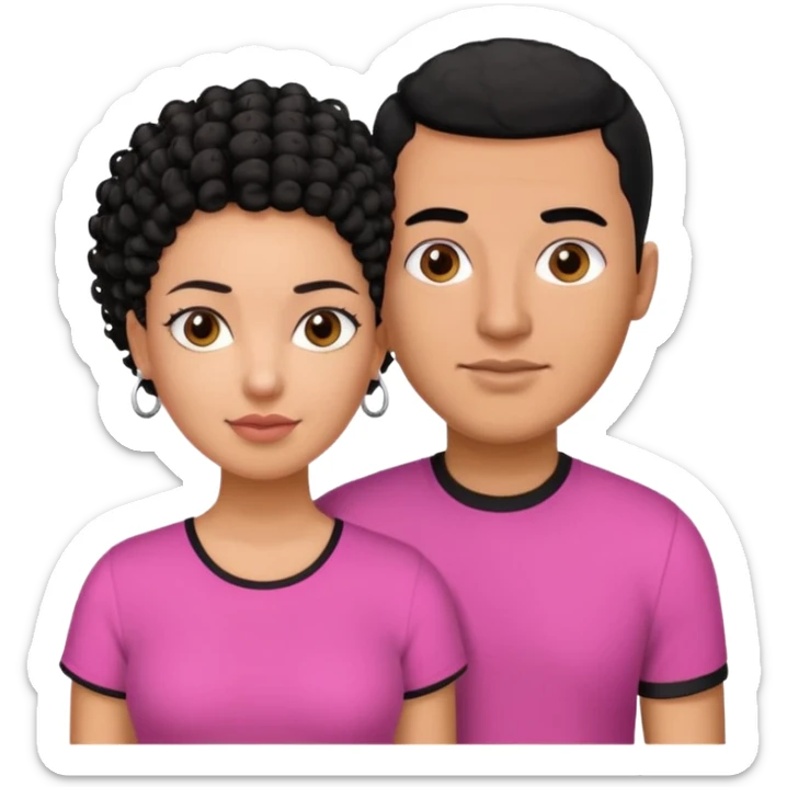 A picture if a couple, the man is a Mexican man with  black hair, a buzz cut and black shirt on.the woman is mixed with black and white, with curly hair and a pink shirt on sticker
