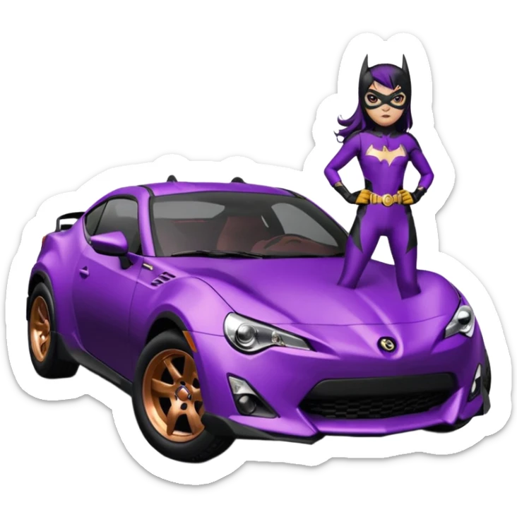 Relaxed adult 60’s Batgirl themed Satin black and rose gold colored Scion FR-S pursuit vehicle hot rod off road capable (tight fitting purple suit with black hair on her) sticker
