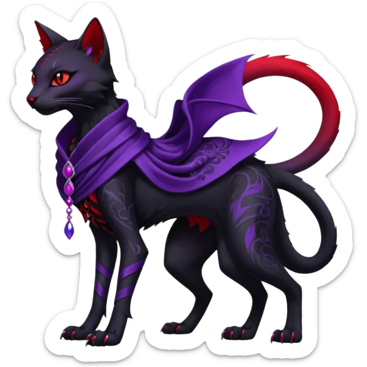 Kawaii feral, four-legged gothic dark badass black, red, purple, beautiful pretty elegant divine edgy feline-vernid-sergal-fursona-animal-creature, full body, with intricate detailed markings, silken shawl sticker