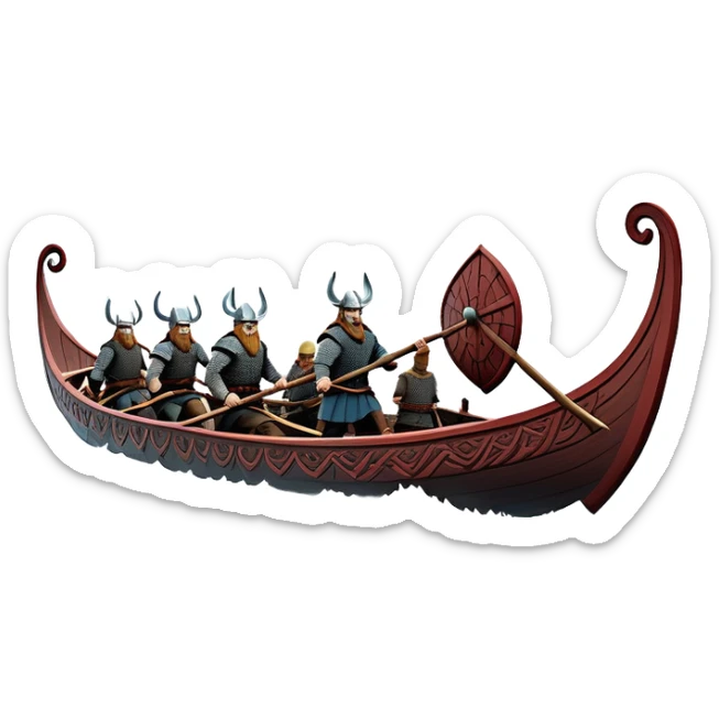 clash-of-clans-aesthetic_-cinematic-viking-longboat, rendered in a flat, bold vector style with minimal shading, featuring a striking dragon-headed prow slicing through icy, churning waters. shields on the side and vikings rowing The longboat’s intricately detailed shields and carved motifs evoke a sense of epic adventure and Nordic might, with billowing sails catching a dramatic, stormy sky backdrop. sticker