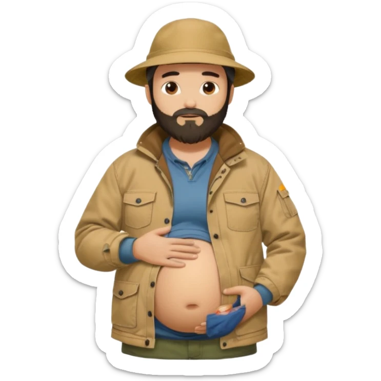 Bearded man rubbing pregnant belly poking out of shirt wearing a tan canvas carhartt jacket with  chinese hat on sticker