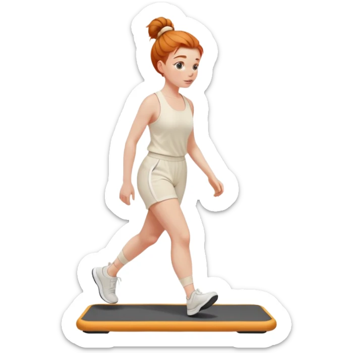Gorgeous Ginger girl messy bun walking on walking pad cream gym outfit sticker
