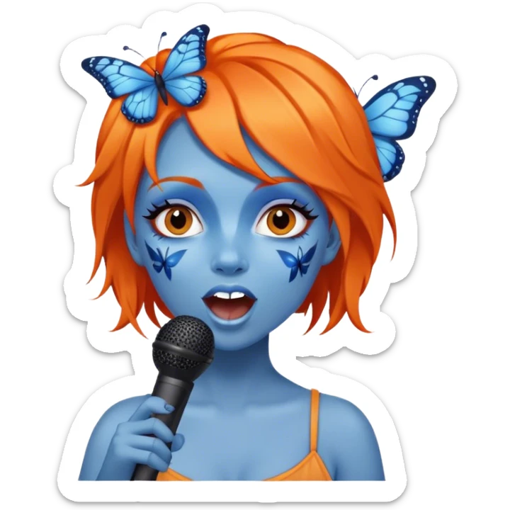 Cartoon Blue and orange girl tiki singing with butterfly and in the mike sticker