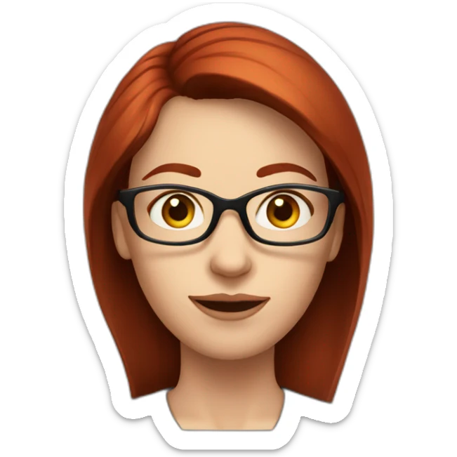 white woman with dark red hair at shoulder level with glasses and big nose. elongated face sticker