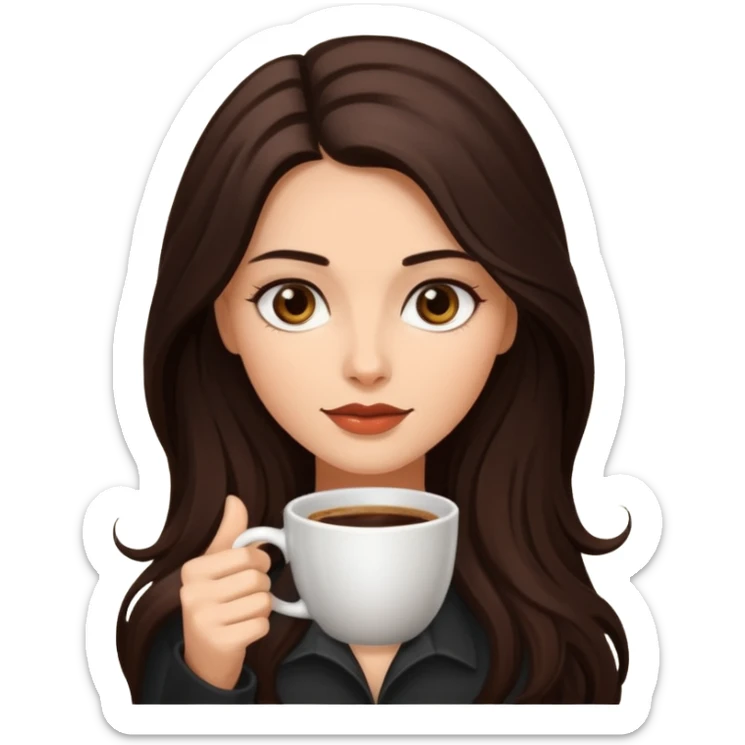 Dark Brown long haired sexy woman with dark brown eyes with cup of coffee sticker