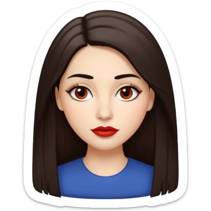 A woman emoji with fair skin, long straight dark brown hair parted in the middle, an oval-shaped face, arched dark eyebrows, almond-shaped brown eyes, a small nose, and full lips colored with red lipstick. sticker