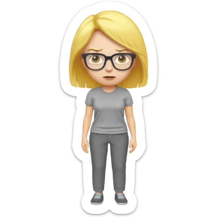 furious mom emoji, yellow hair, glasses, gray shirt and pants, simple and bold sticker