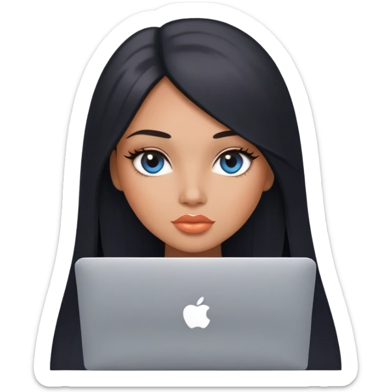Glamours, tanned, very beautiful girl, with big pump peach lips, black straight smooth silky long hair, straight parting, blue-grey eyes, holding MacBook sticker