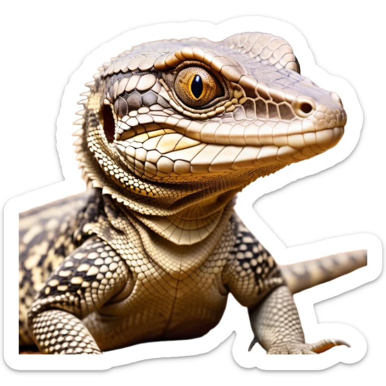 Cinematic Comical brown camo spotted monitor Lizard Portrait Emoji, Head tilted dramatically with an exaggeratedly shocked expression, featuring a robust, patterned body with wide, comically expressive eyes full of humorous disbelief, Simplified yet hilariously expressive features, highly detailed, glowing with a slightly sassy glow, high shine, dramatic yet playful, stylized with an air of quirky reptilian attitude, soft glowing outline, capturing the essence of a meme-worthy brown camo spotted monitor lizard that looks ready to side-eye its way into viral fame! sticker