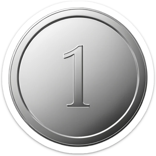 Emoji icon of a metal coin with engraved number 1, minimalist style, isolated, only metal color sticker