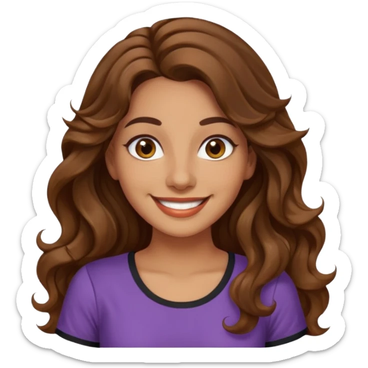 30 yr old italian woman, long brown wavy hair, big brown eyes, huge smile, fancy dress, no bangs, t shirt sticker