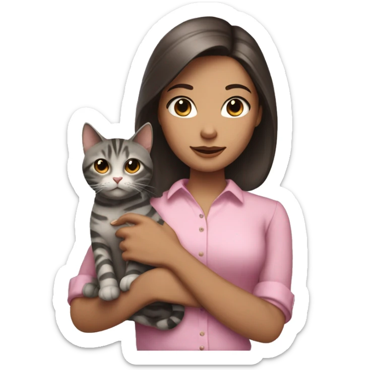 Brunette girl with straight hair in a pink blouse, holding a gray, striped, brown-eyed cat with a bow in her arms sticker