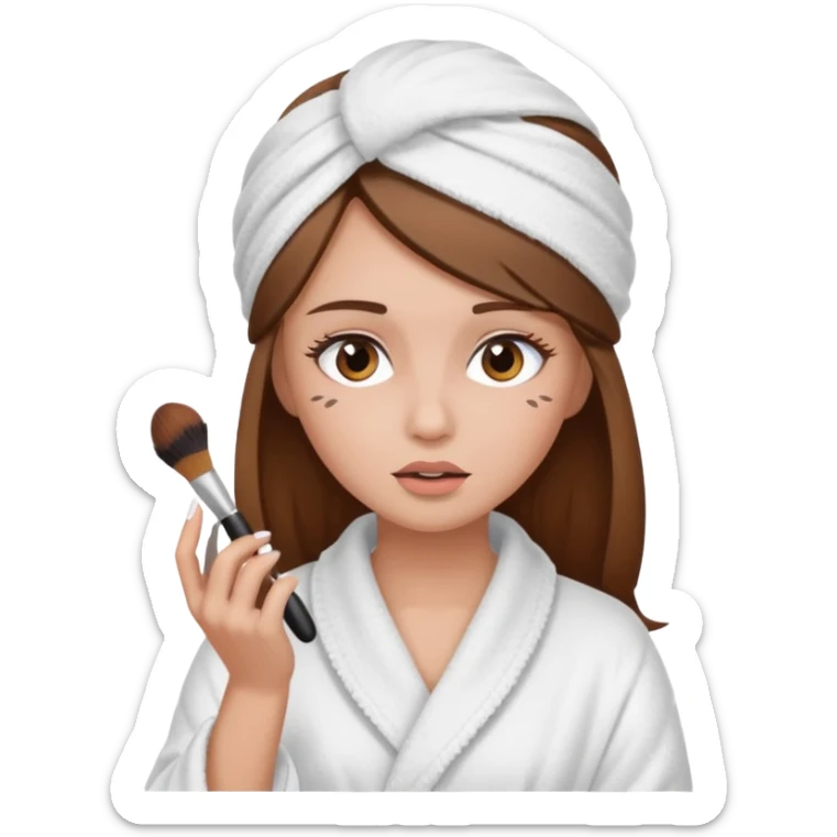 Girl with brown hair in white dressing gown and white towel wrapped in her head doing her makeup sticker