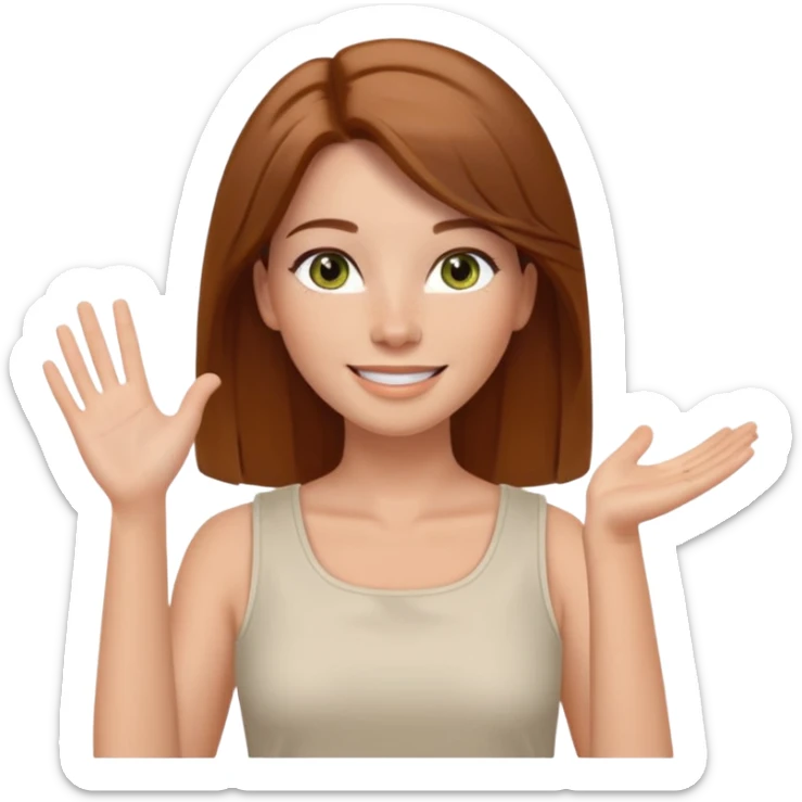 emoji of a confident woman named Freya McOmish, smiling, hazel green eyes, long straight hair with a middle part, subtle freckles, modern casual style, broad shoulders, wearing a white sleeveless deep square neck top, waving sticker