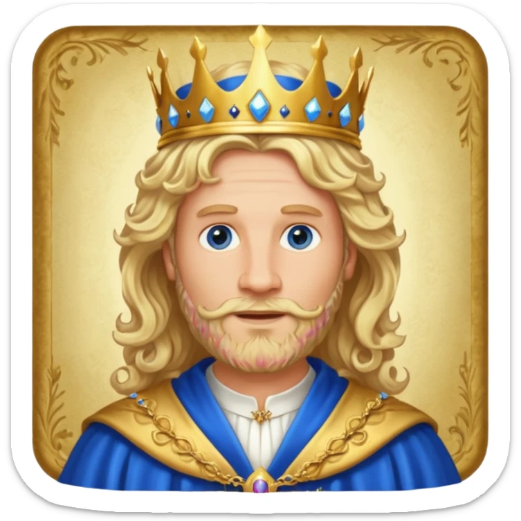 1 Middle-aged white king, 40 years old, blond hair, blond beard, long curly hair, blue eyes, kind and benevolent vibe, gentle smile, wearing a crown and blue robe emoji sticker